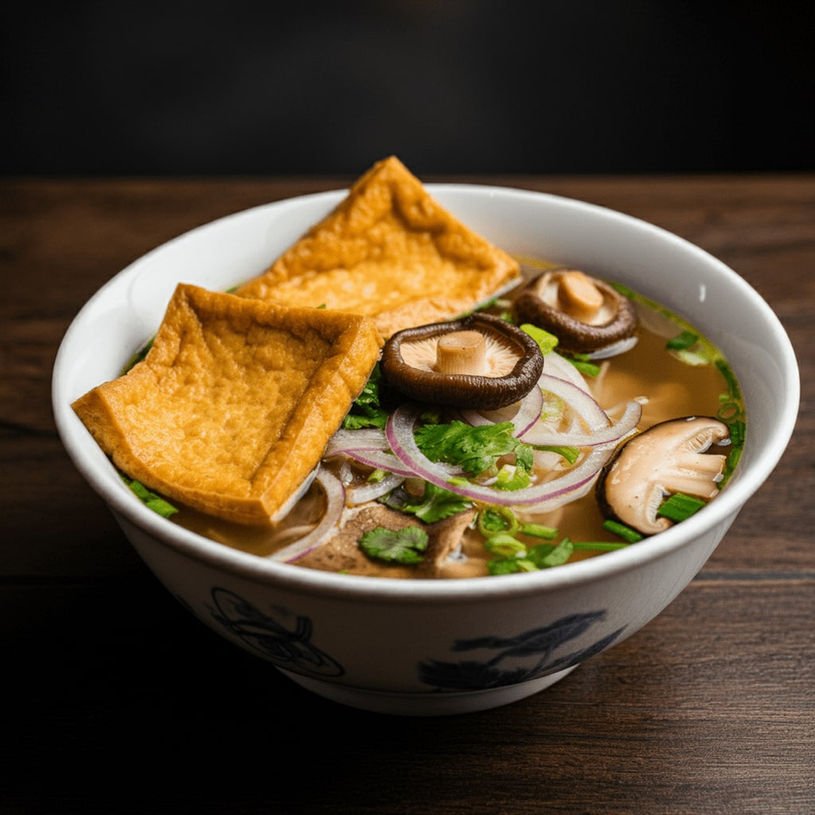 A colorful bowl of phở chay with mushrooms, tofu, and fresh greens